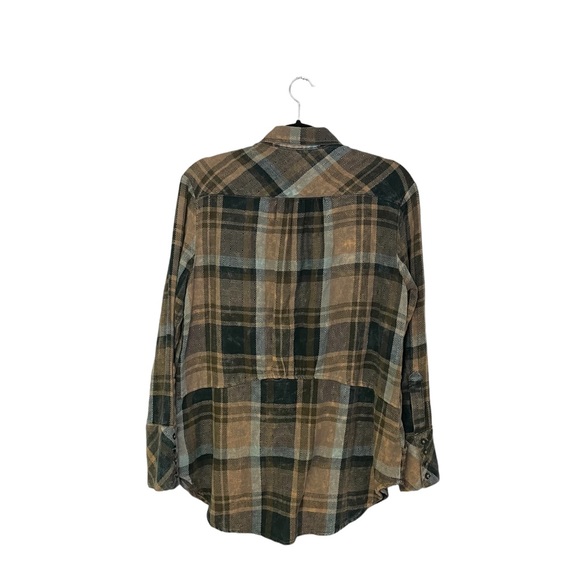 Free People Brown Plaid Flannel Button Up Pockets Long Blouse XS - Picture 5 of 6